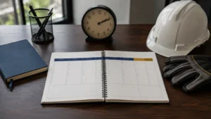 Calendário semanal, relógio e equipamentos de trabalho ilustram o debate sobre a escala 6x1