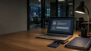 Estação de trabalho com notebook e pasta de conformidade em ambiente corporativo