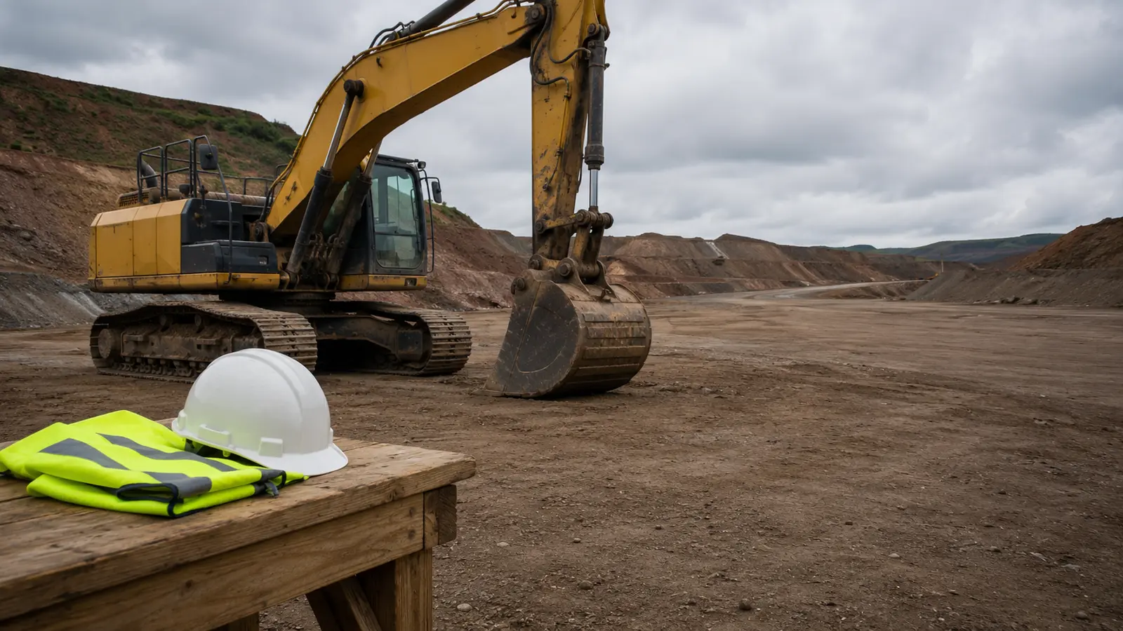Escavadeira parada em área de mineração com capacete e colete de segurança sobre bancada