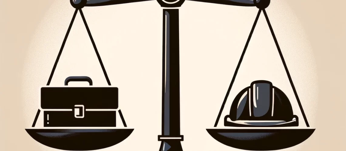 DALL·E 2024-04-24 17.22.00 - An illustration showing a stylized justice scale balancing symbols of an employer (a briefcase or corporate building) and an employee (a construction