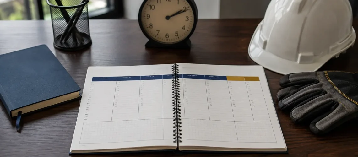 Calendário semanal, relógio e equipamentos de trabalho ilustram o debate sobre a escala 6x1