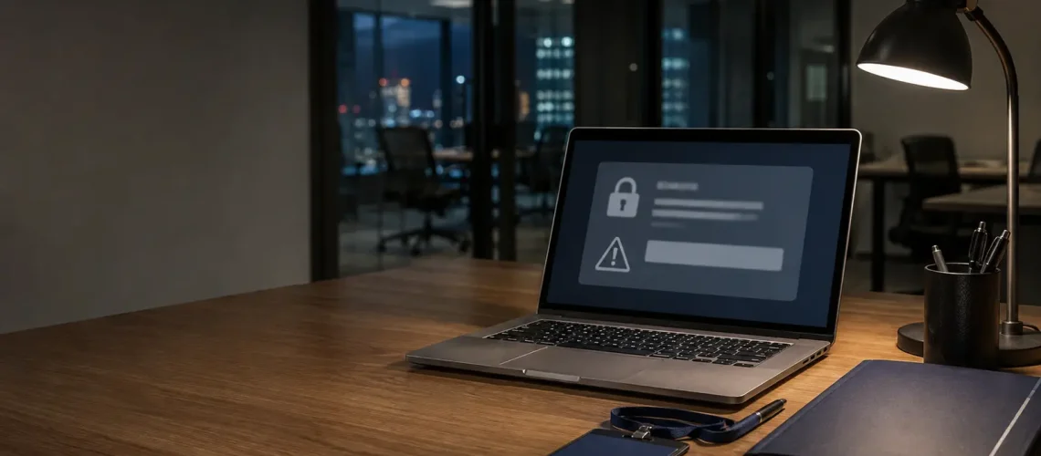 Estação de trabalho com notebook e pasta de conformidade em ambiente corporativo