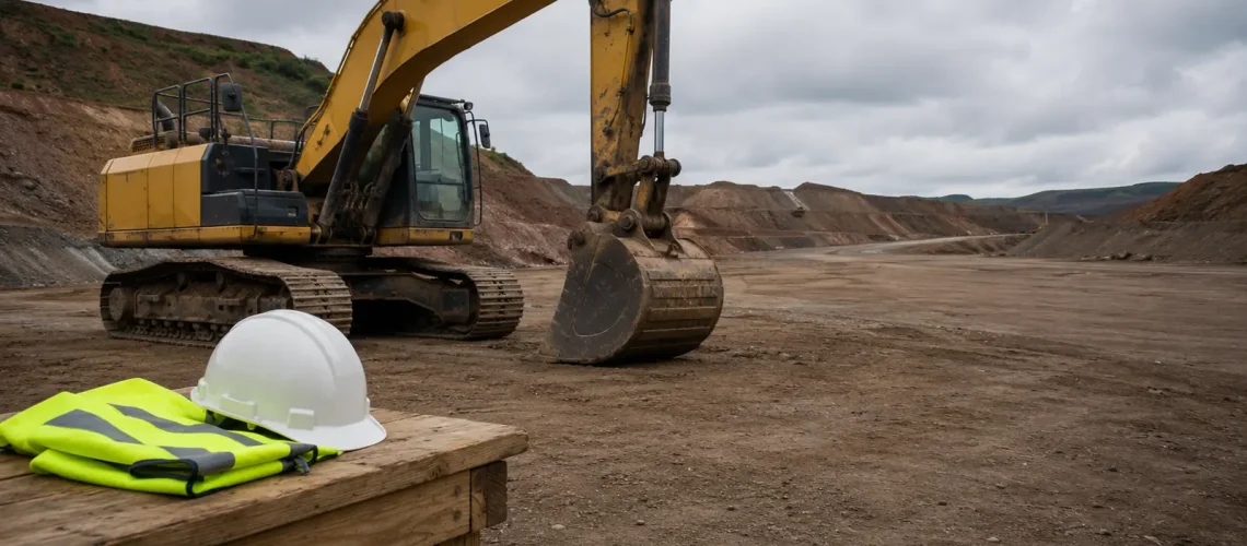Escavadeira parada em área de mineração com capacete e colete de segurança sobre bancada