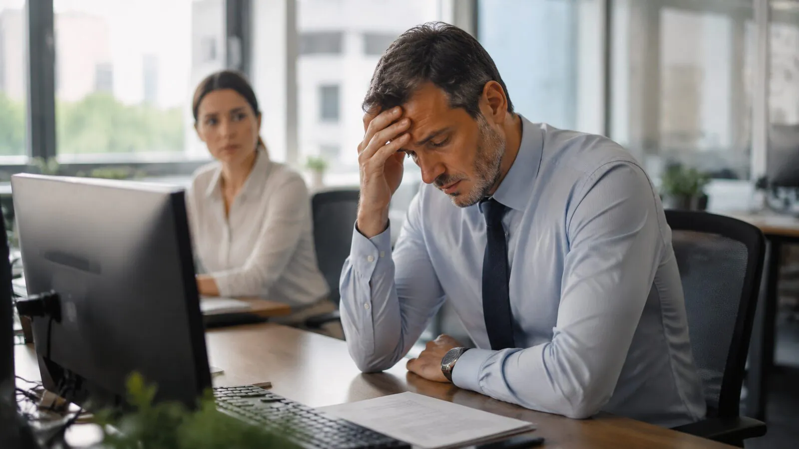 Bancário em ambiente de trabalho em imagem editorial sobre saúde mental