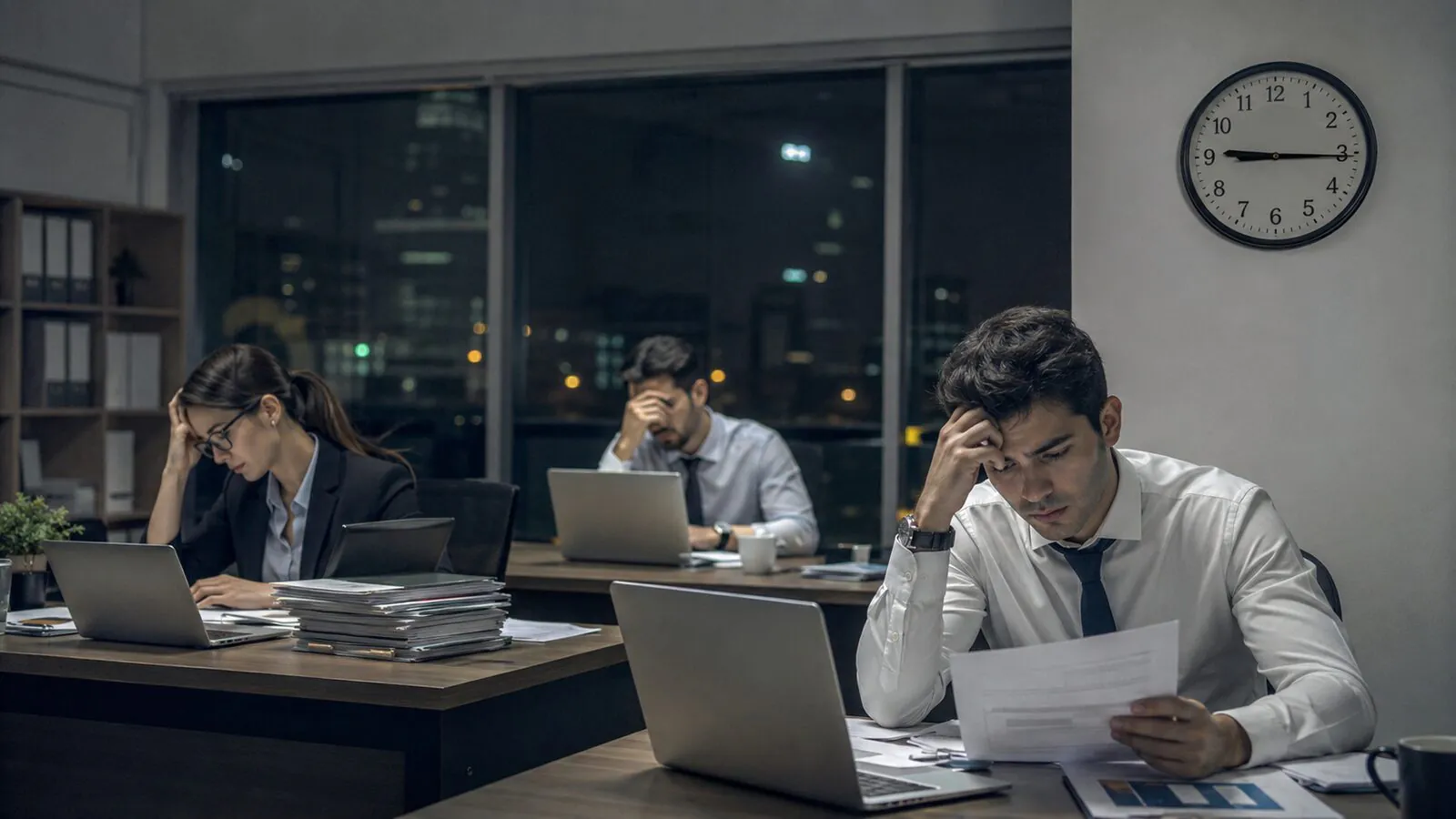 Profissional trabalhando até tarde em imagem editorial sobre jornada exaustiva