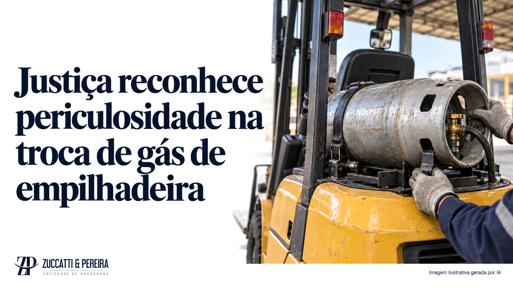 Periculosidade na troca de gás de empilhadeira: cena ilustrativa de mãos enluvadas junto ao cilindro de GLP traseiro.