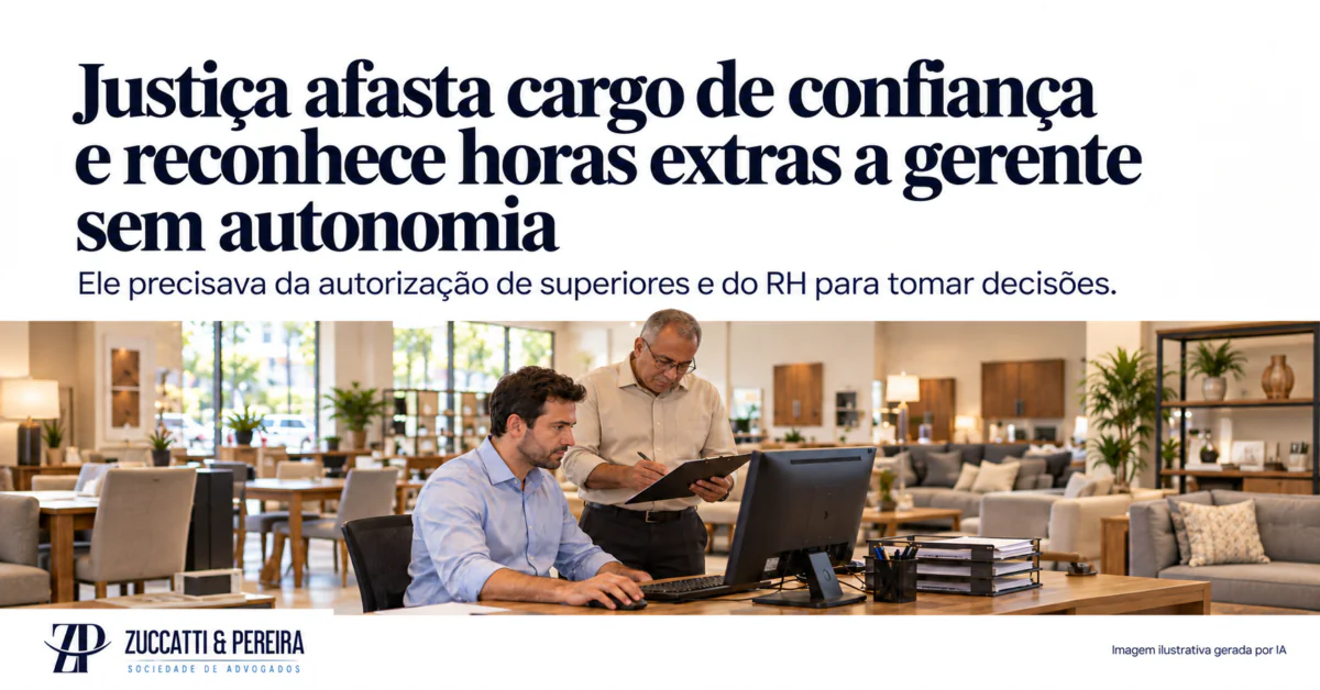 Cena ilustrativa sobre cargo de confiança: gerente comercial e supervisor em loja de móveis.