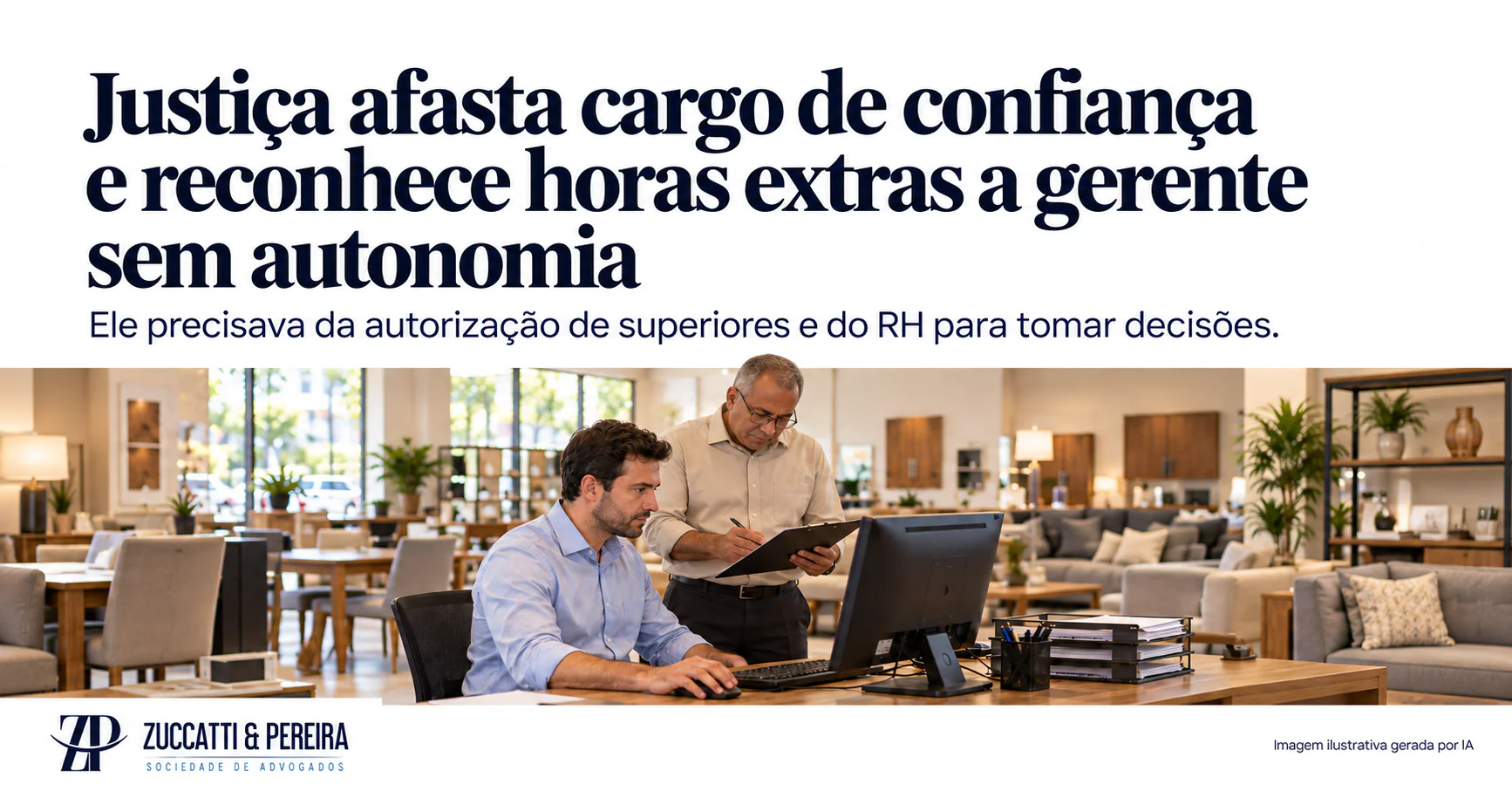 Cena ilustrativa sobre cargo de confiança: gerente comercial e supervisor em loja de móveis.