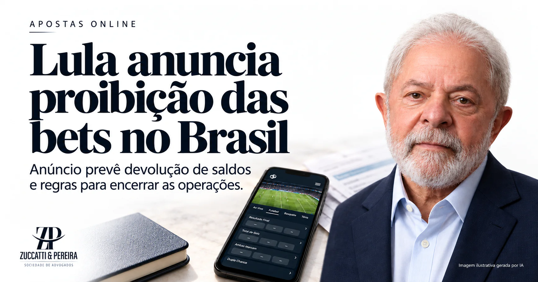 Ilustração de Lula e celular sobre proibição das bets e devolução de saldos.
