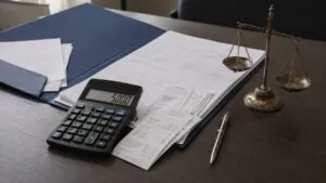 Justiça gratuita na ADC 80 representada por documentos financeiros, calculadora e balança da Justiça