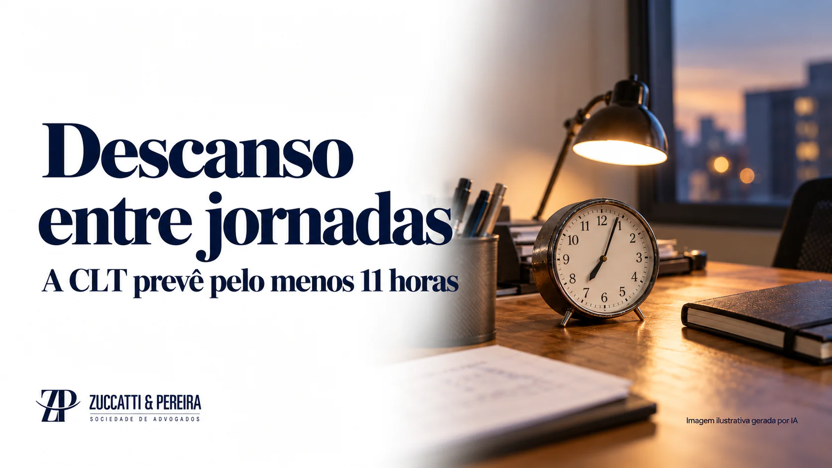 Descanso entre jornadas: relógio e mesa de trabalho em imagem ilustrativa