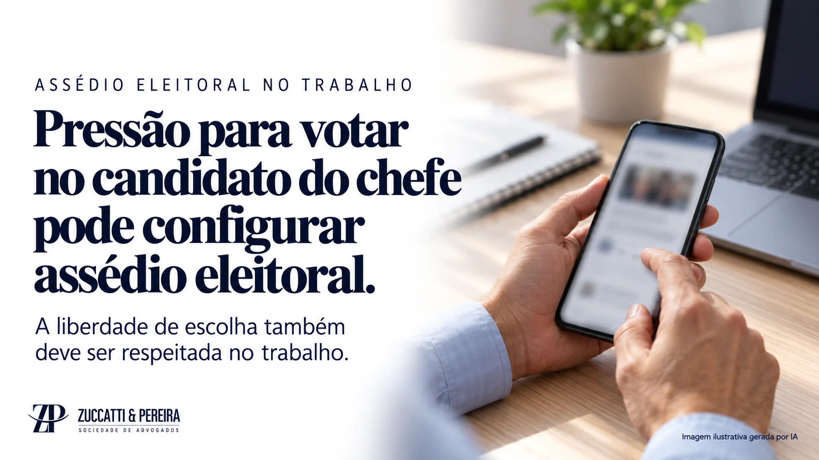 Pressão para votar no candidato do chefe pode configurar assédio eleitoral; ilustração de mãos segurando um celular.