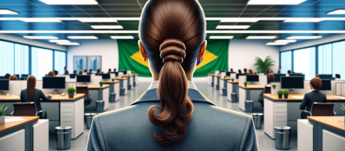 DALL·E 2023-11-27 11.27.37 - A realistic depiction of a Brazilian female worker, viewed from behind at a distance, in a modern corporate office in Brazil. Her posture and expressi