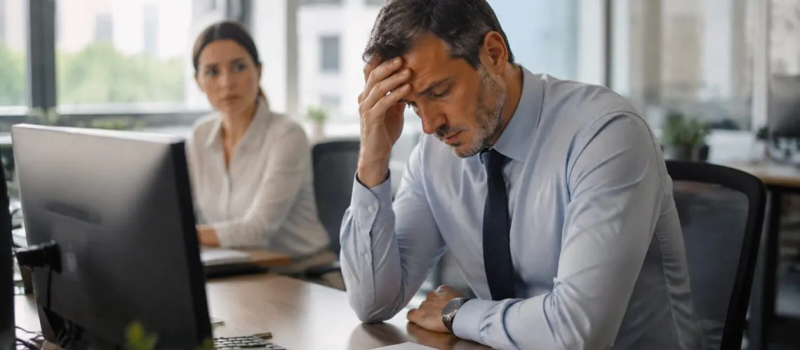 Bancário em ambiente de trabalho em imagem editorial sobre saúde mental