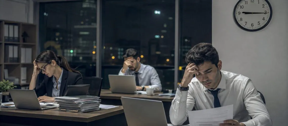 Profissional trabalhando até tarde em imagem editorial sobre jornada exaustiva