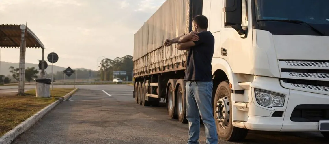 Motorista de caminhão durante pausa obrigatória em rodovia brasileira